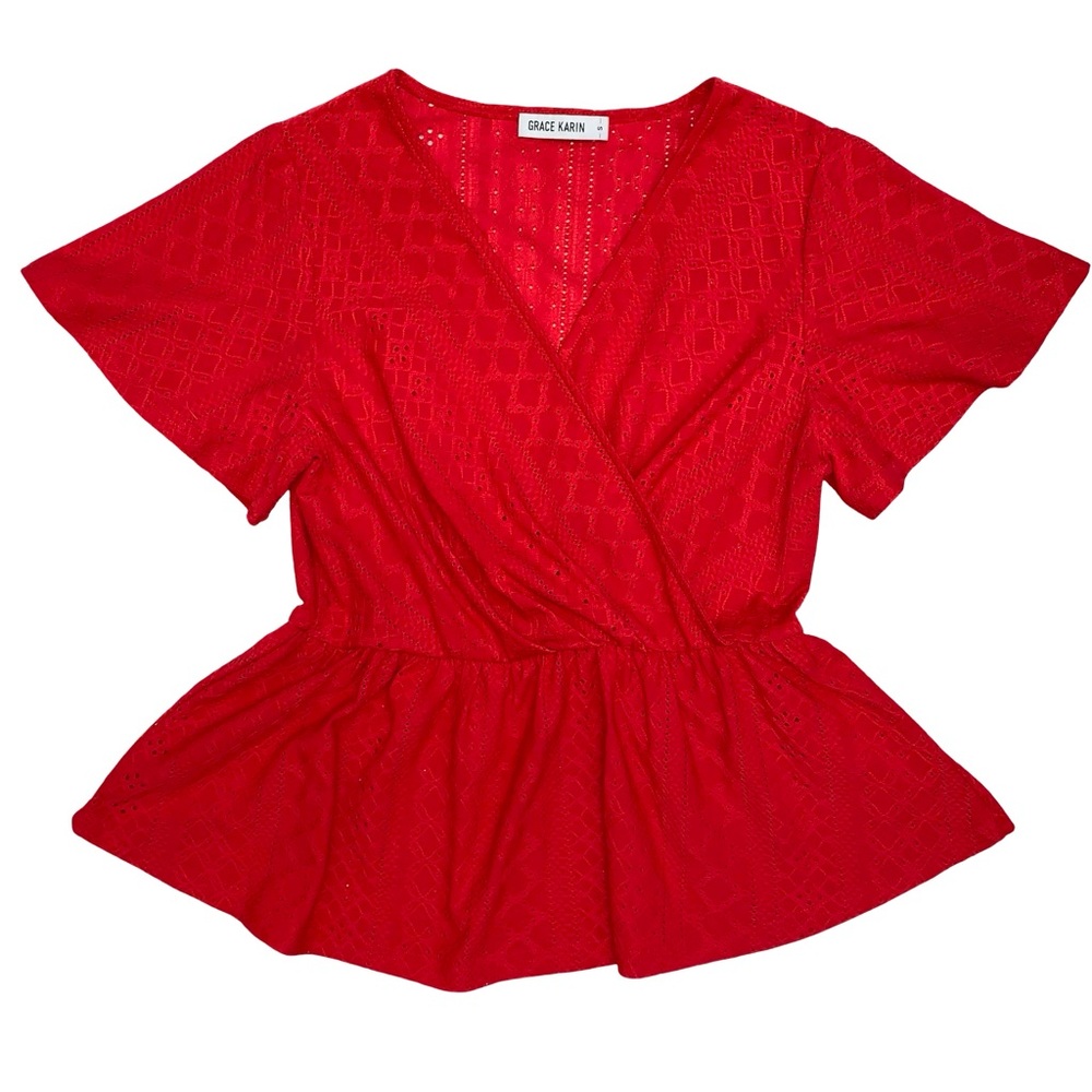 Grace Karin Peplum Faux Wrap Top Eyelets Small Red V Neck Lightweight Casual